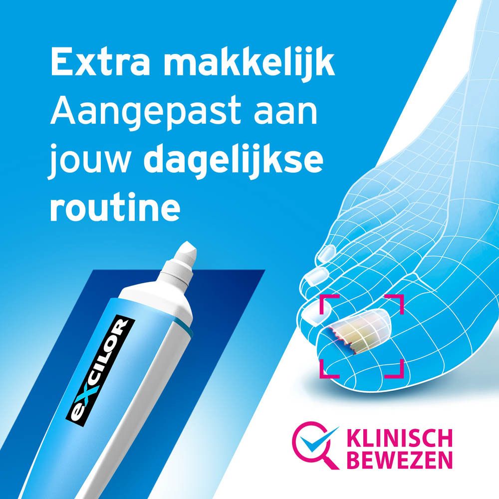 excilor® Precision Nail Pen en verpakking. Blauwe fles met witte applicator. Opschrift: excilor®.