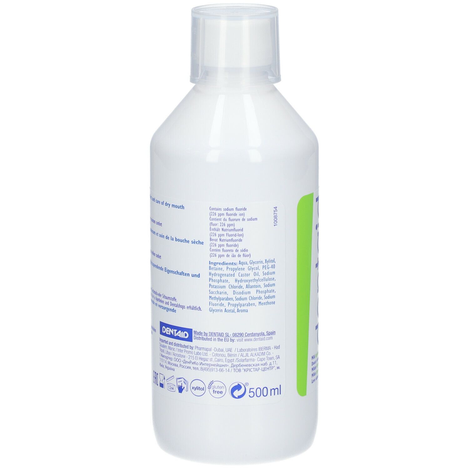 Achterkant van een witte fles. Tekst met ingrediënten en fabrikantinfo.