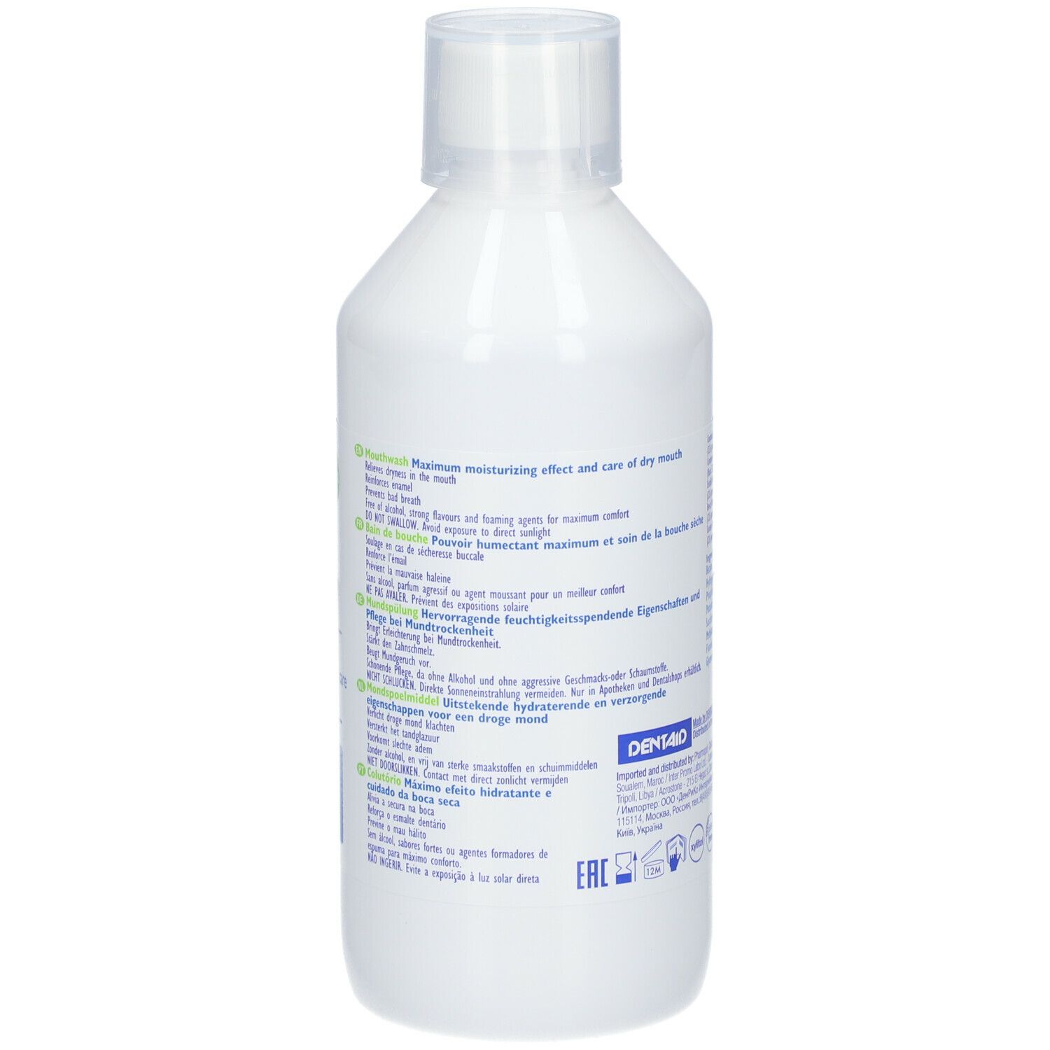Achterkant van een witte fles. Tekst met productinfo en fabrikant.