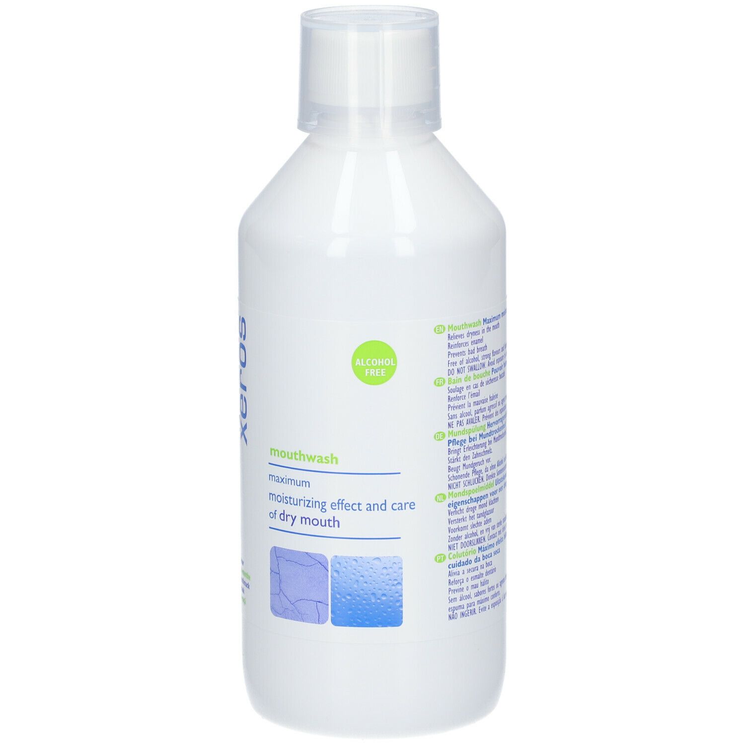 Achterkant van een witte fles. Tekst met productinfo en fabrikant.