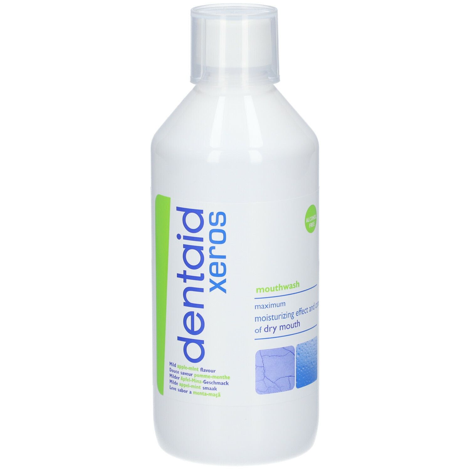 Witte fles met groene streep en tekst. "dentaid xeros" en "mouthwash" zichtbaar.