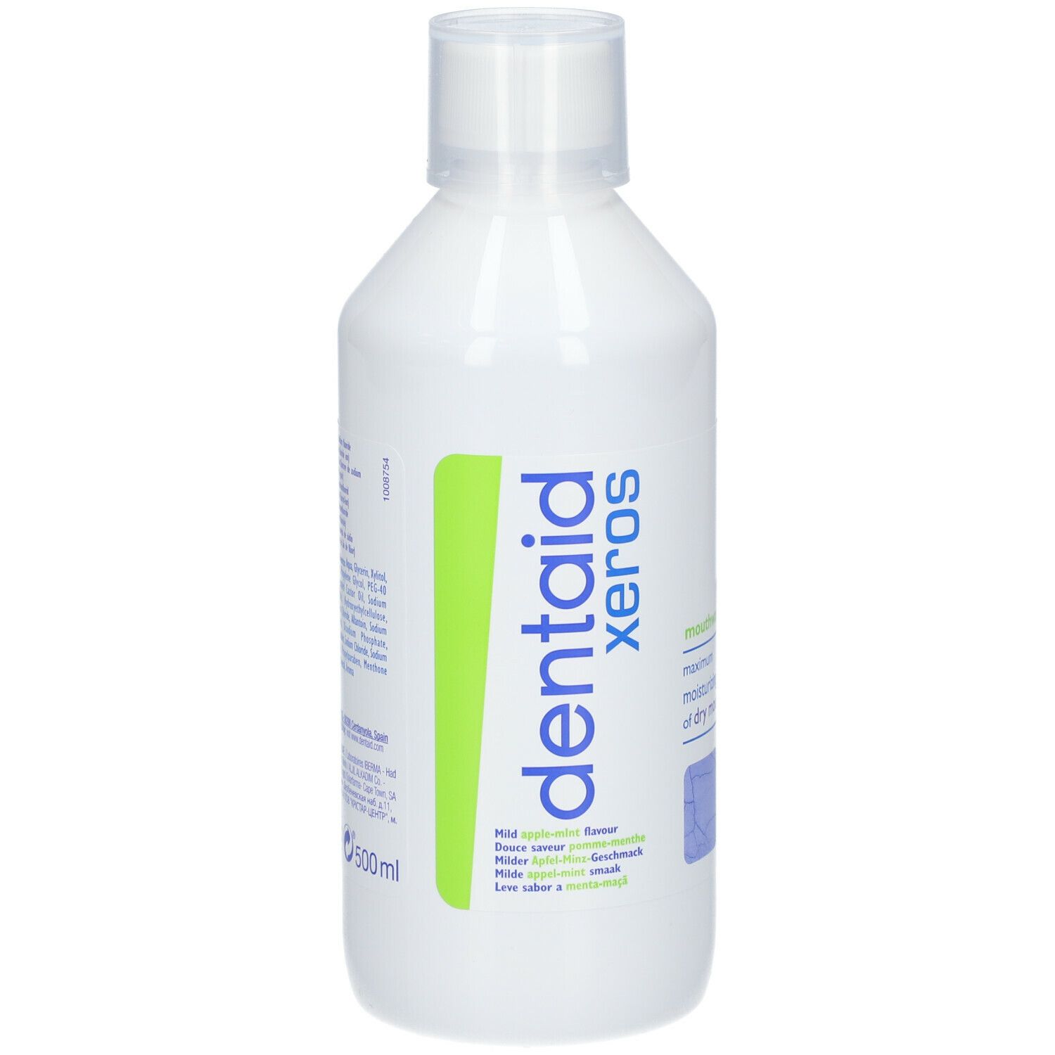 Witte fles met groene streep en tekst. "dentaid xeros" en "mouthwash" zichtbaar.