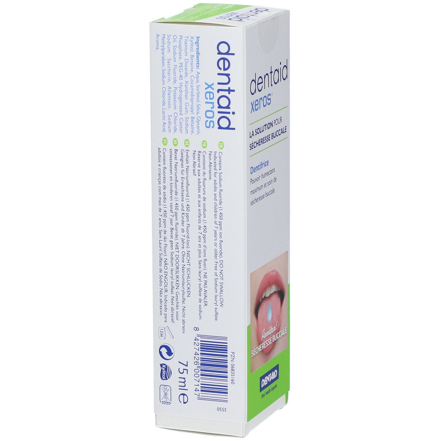 Emballage de dentifrice Dentaid Xeros. Solution pour sécheresse buccale. Dos avec ingrédients et indication de volume.