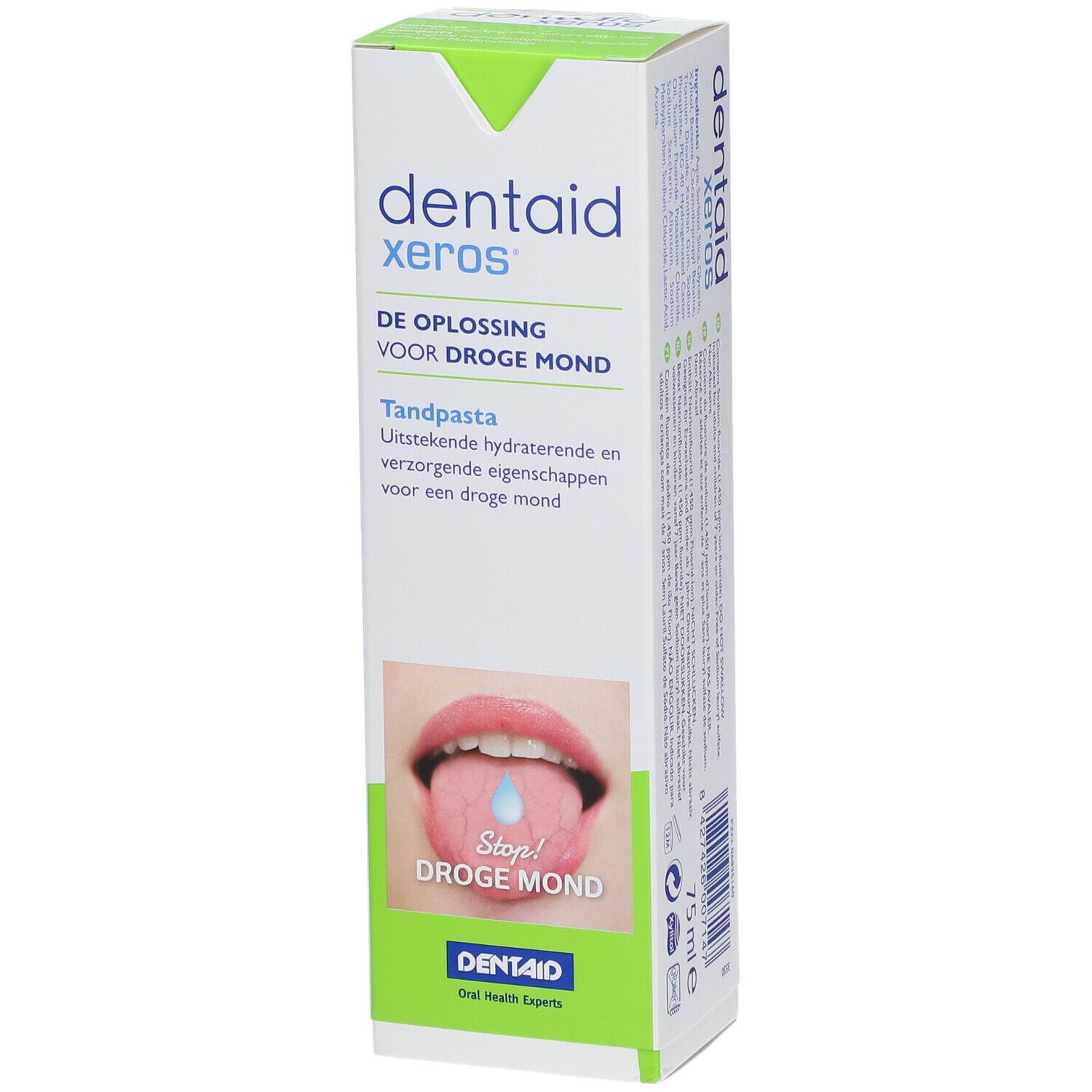 Emballage de dentifrice Dentaid Xeros. Solution pour sécheresse buccale. Illustration d'une langue avec une goutte et du texte.