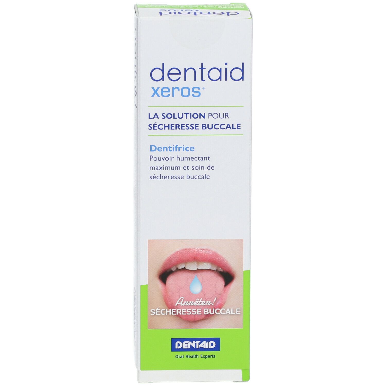Emballage de dentifrice Dentaid Xeros. Solution pour sécheresse buccale. Illustration d'une langue avec une goutte.