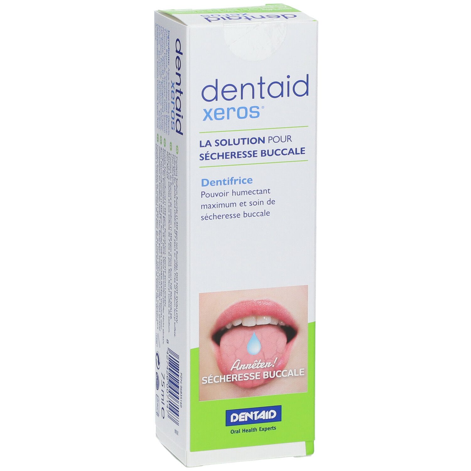 Emballage de dentifrice Dentaid Xeros. Solution pour sécheresse buccale. Illustration d'une langue avec une goutte.