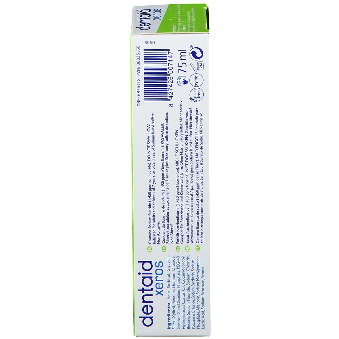 Emballage de dentifrice Dentaid Xeros. Dos avec ingrédients, indication de volume et certifications.