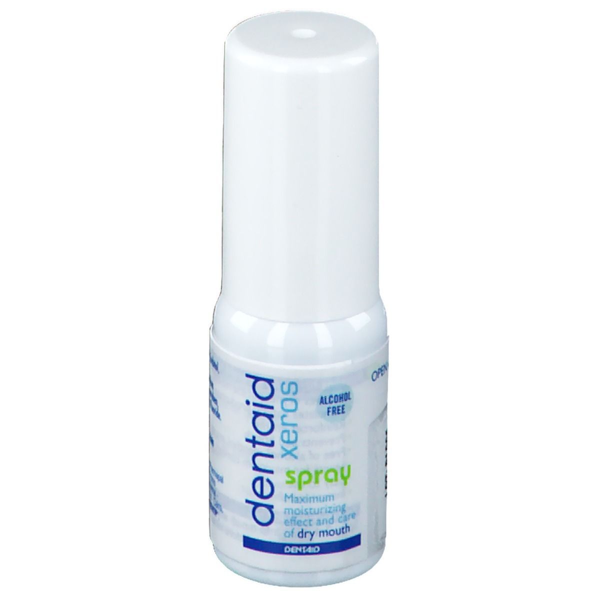 Witte spray met witte dop. Opschrift: Dentaid xeros spray. Alcoholvrij. Voor een droge mond.