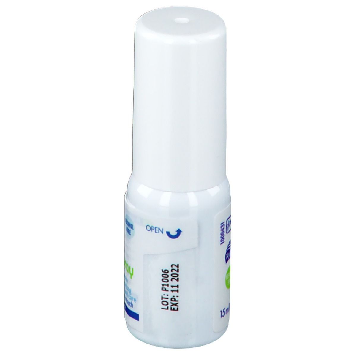 Witte spray met witte dop. Opschrift: Dentaid xeros spray. Lotnummer en vervaldatum: 11 2022.