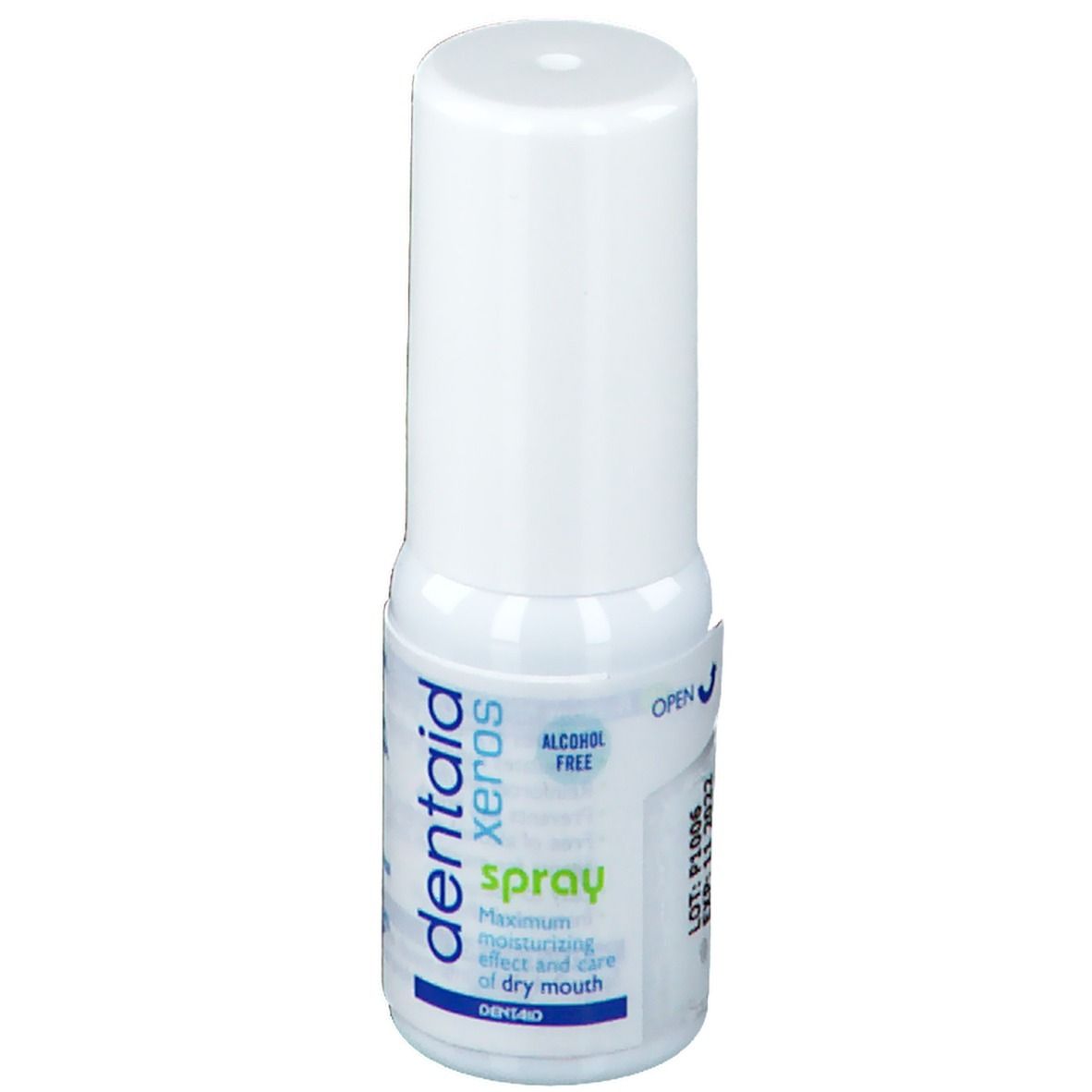 Witte spray met witte dop. Opschrift: Dentaid xeros spray. Alcoholvrij. Voor een droge mond.