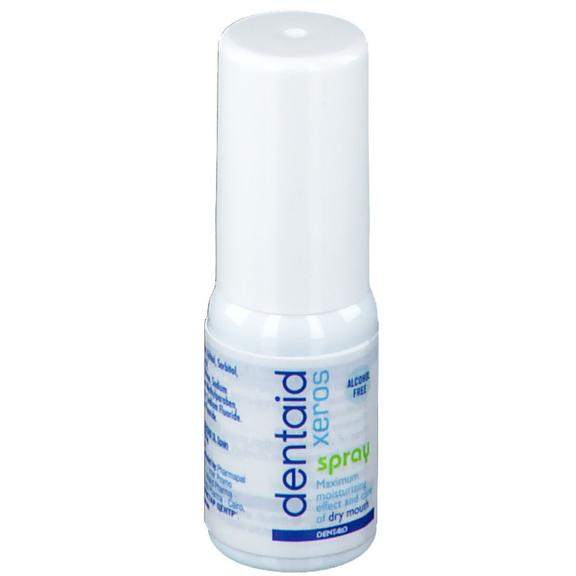 Witte spray met witte dop. Opschrift: Dentaid xeros spray. Alcoholvrij. Voor een droge mond.