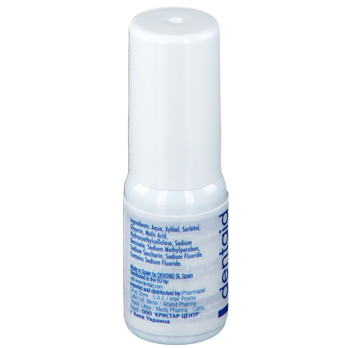 Witte spray met witte dop. Opschrift: Dentaid xeros spray. Ingrediënten. Gemaakt in Spanje.