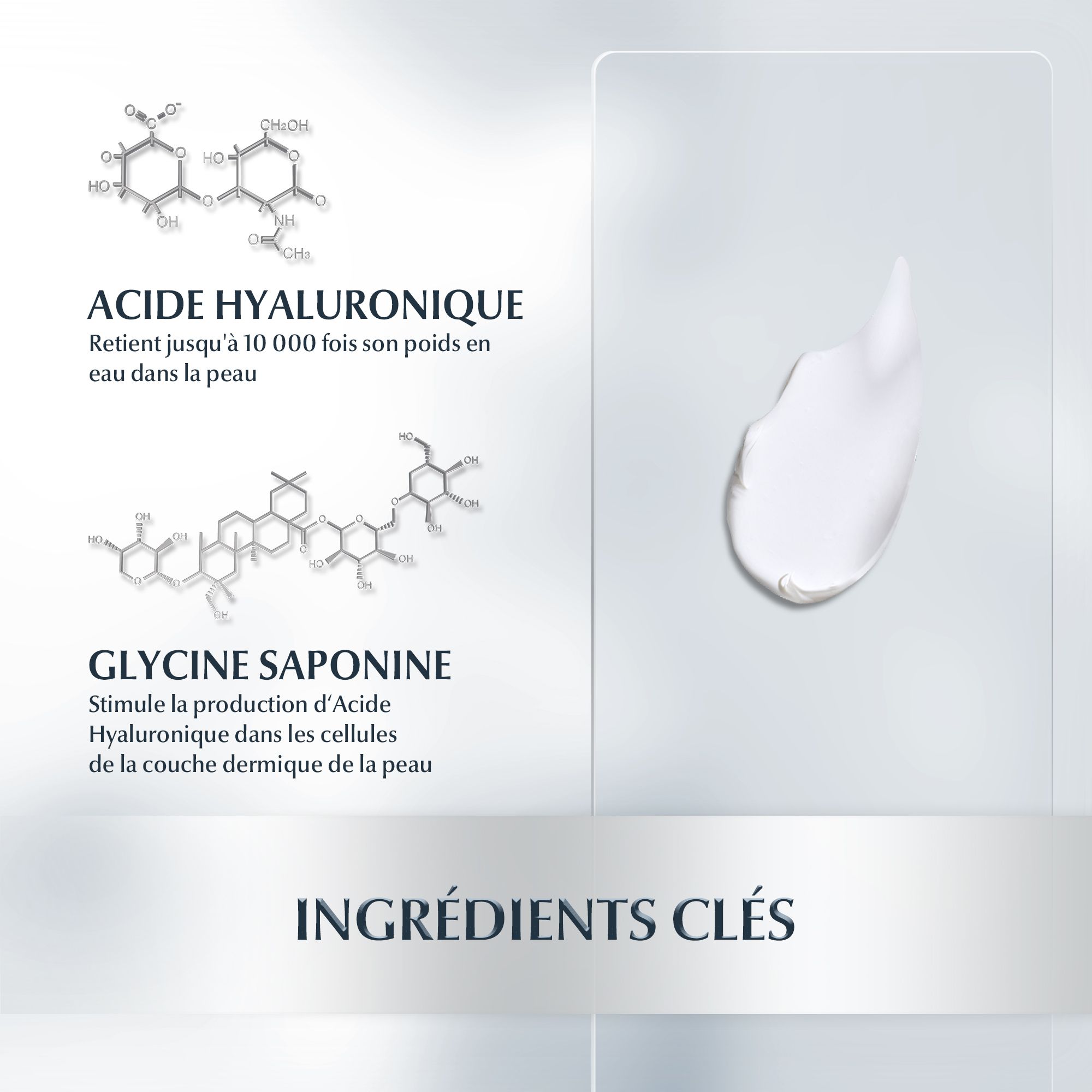 Graphique avec ingrédients: Acide hyaluronique et Glycine Saponine. Texte: Ingrédients clés.