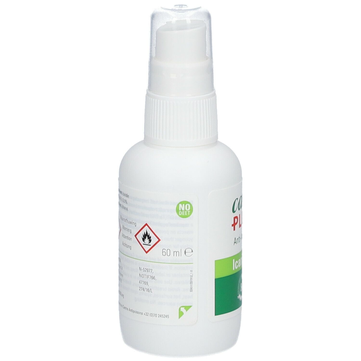 Flacon pulvérisateur blanc avec étiquette verte. Inscription : Care Plus Anti-Insect Icaridin. Avec tête de pulvérisation. Texte au dos.
