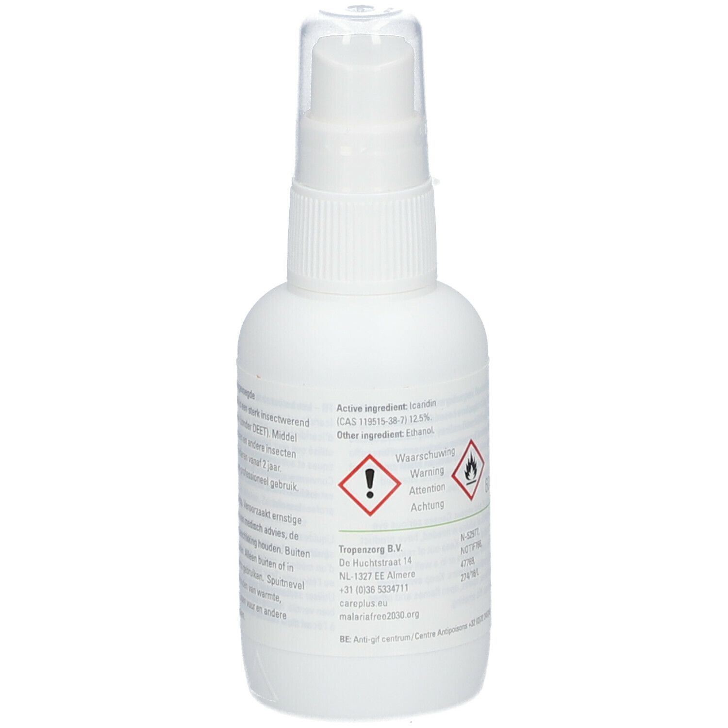 Flacon pulvérisateur blanc avec étiquette verte. Inscription : Care Plus Anti-Insect Icaridin. Avec tête de pulvérisation. Texte et symboles au dos.