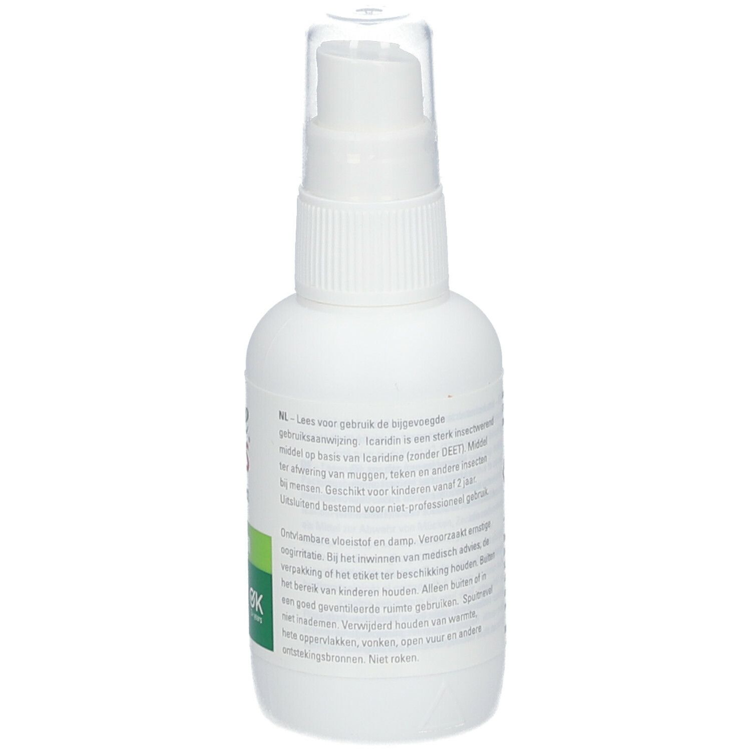 Flacon pulvérisateur blanc avec étiquette verte. Inscription : Care Plus Anti-Insect Icaridin. Avec tête de pulvérisation. Texte au dos.