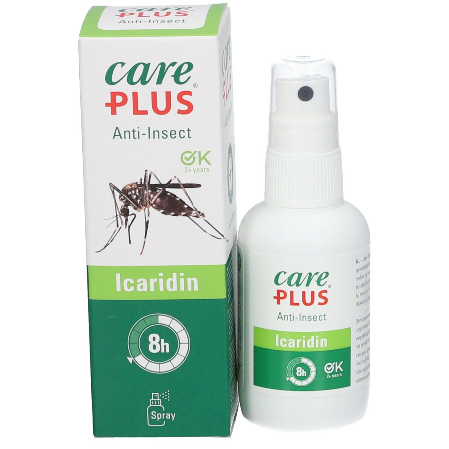 Emballage du produit et flacon pulvérisateur. Inscription : Care Plus Anti-Insect Icaridin. Avec tête de pulvérisation. Illustration d'un moustique.