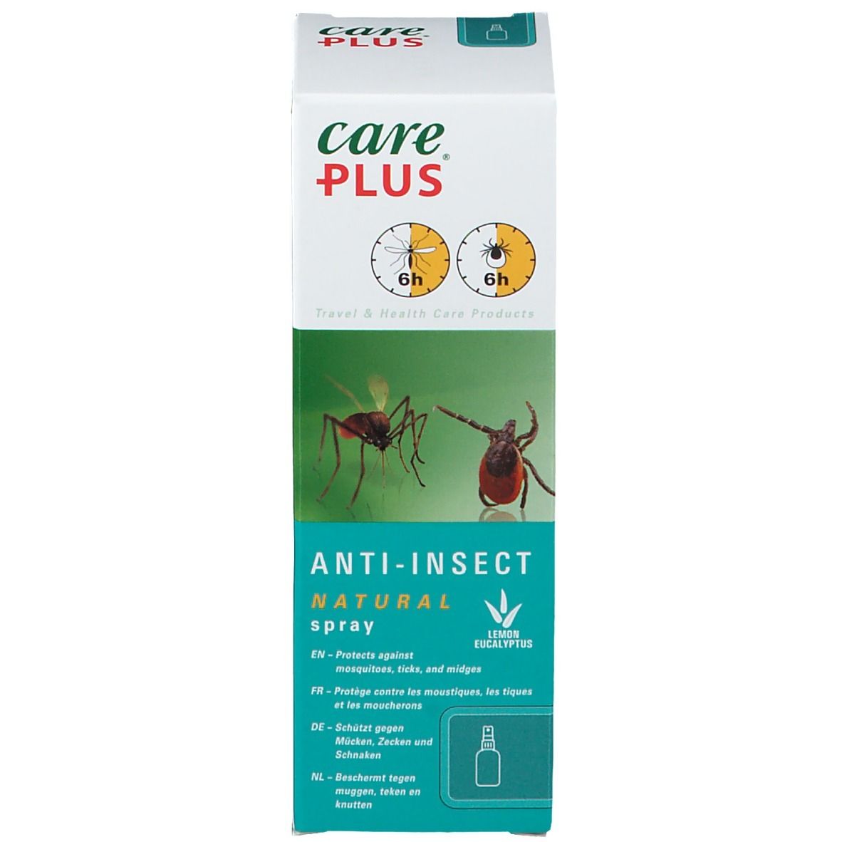 Kartonnen verpakking. Opschrift: Care Plus, Anti-Insect Natural Spray. Illustraties. Fles afgebeeld.