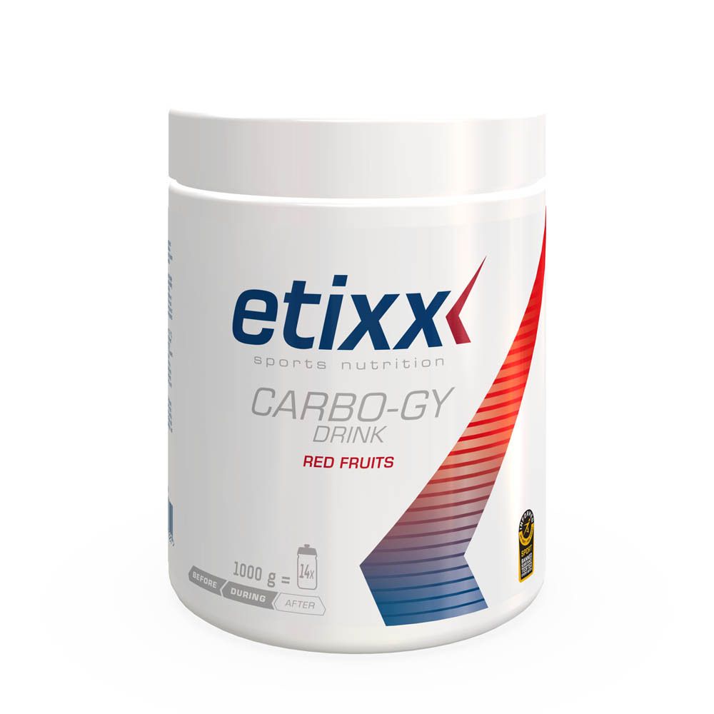 Witte pot met Etixx-logo en opschrift Carbo-Gy Drink Orange. Rode en blauwe kleurovergang. 250g.