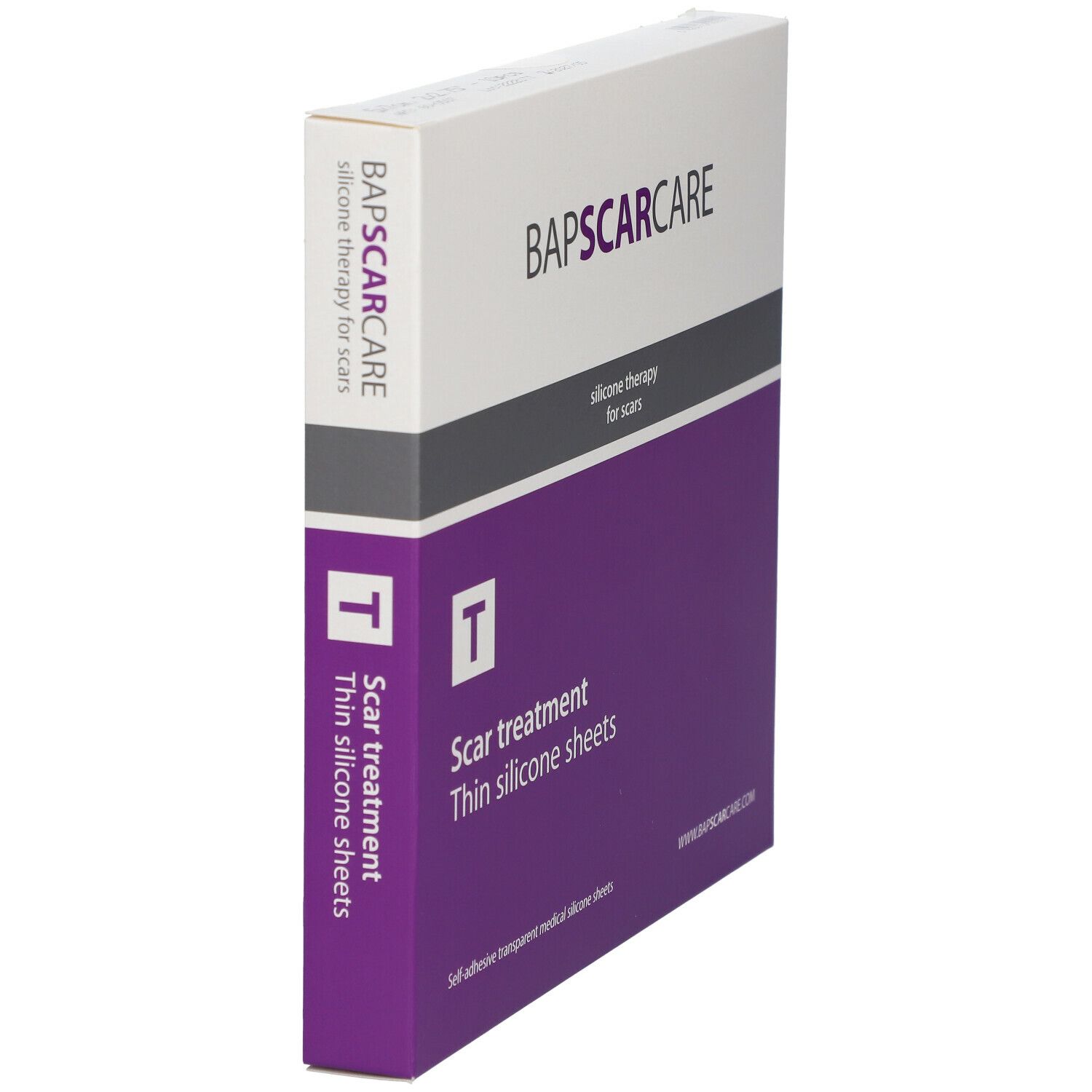 Boîte BAPSCARCARE, traitement des cicatrices, fines feuilles de silicone. Vue en biais. Texte: silicone therapy for scars.