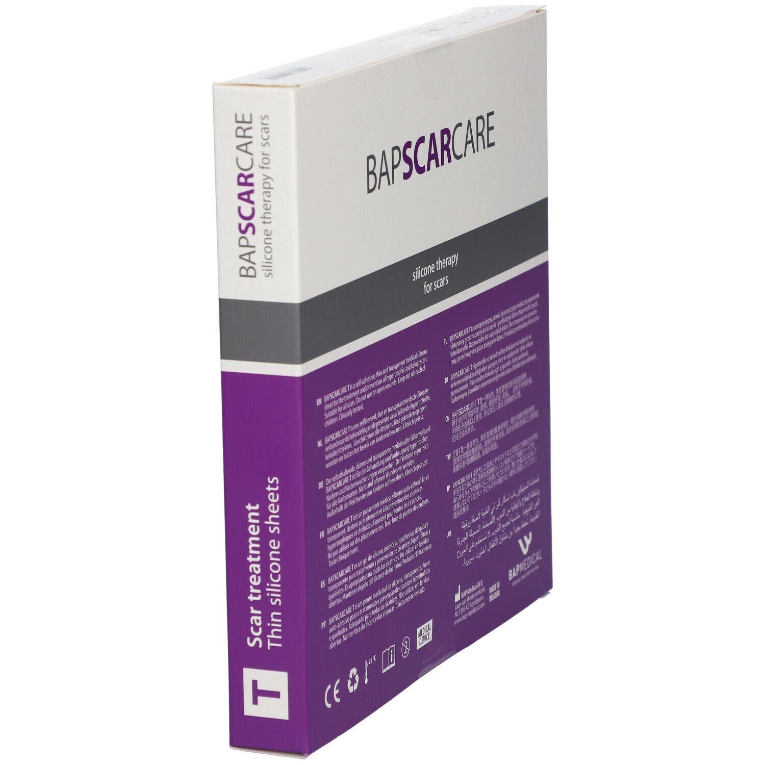 Boîte BAPSCARCARE, traitement des cicatrices, fines feuilles de silicone. Vue en biais. Texte: silicone therapy for scars. Marquage CE.