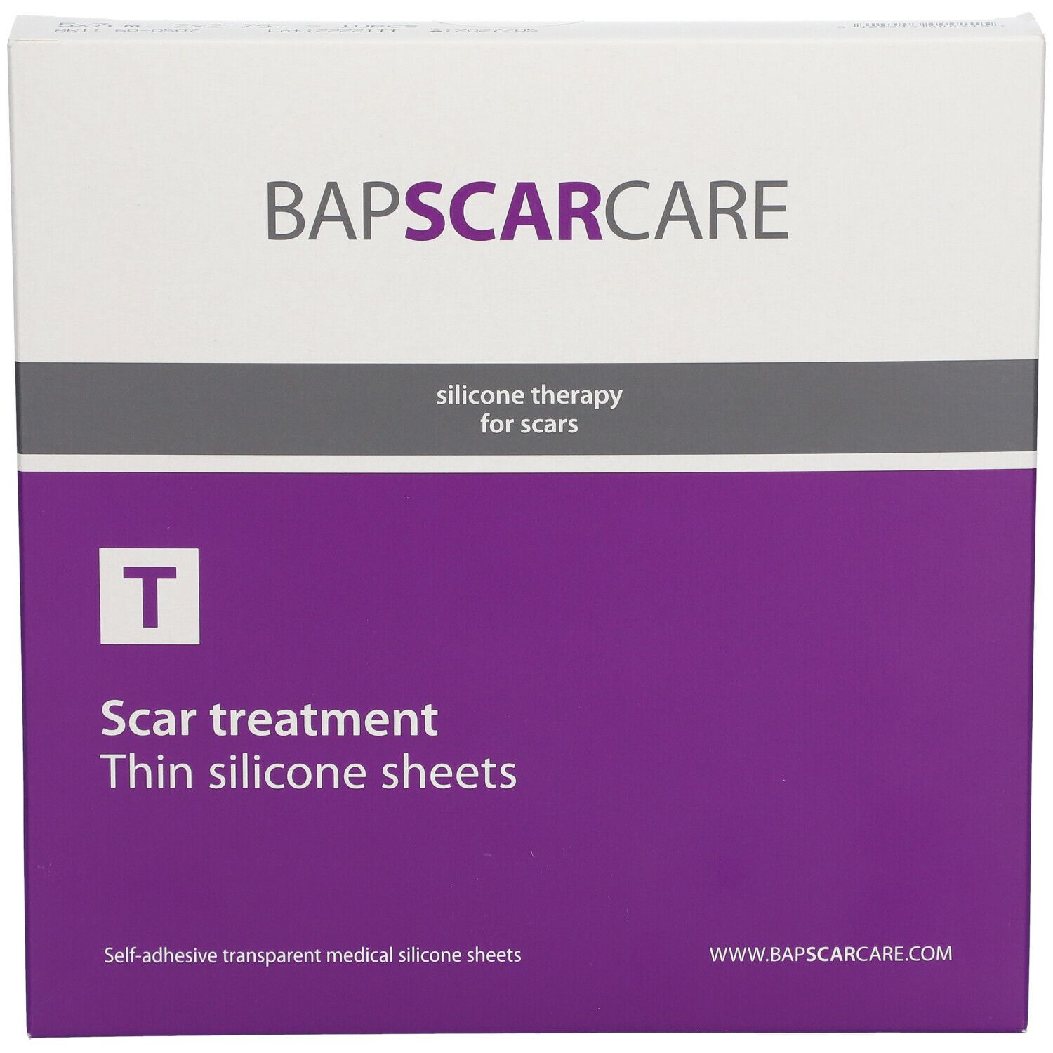 Boîte BAPSCARCARE, traitement des cicatrices, fines feuilles de silicone. Blanc, violet et gris. Texte: silicone therapy for scars. Logo.