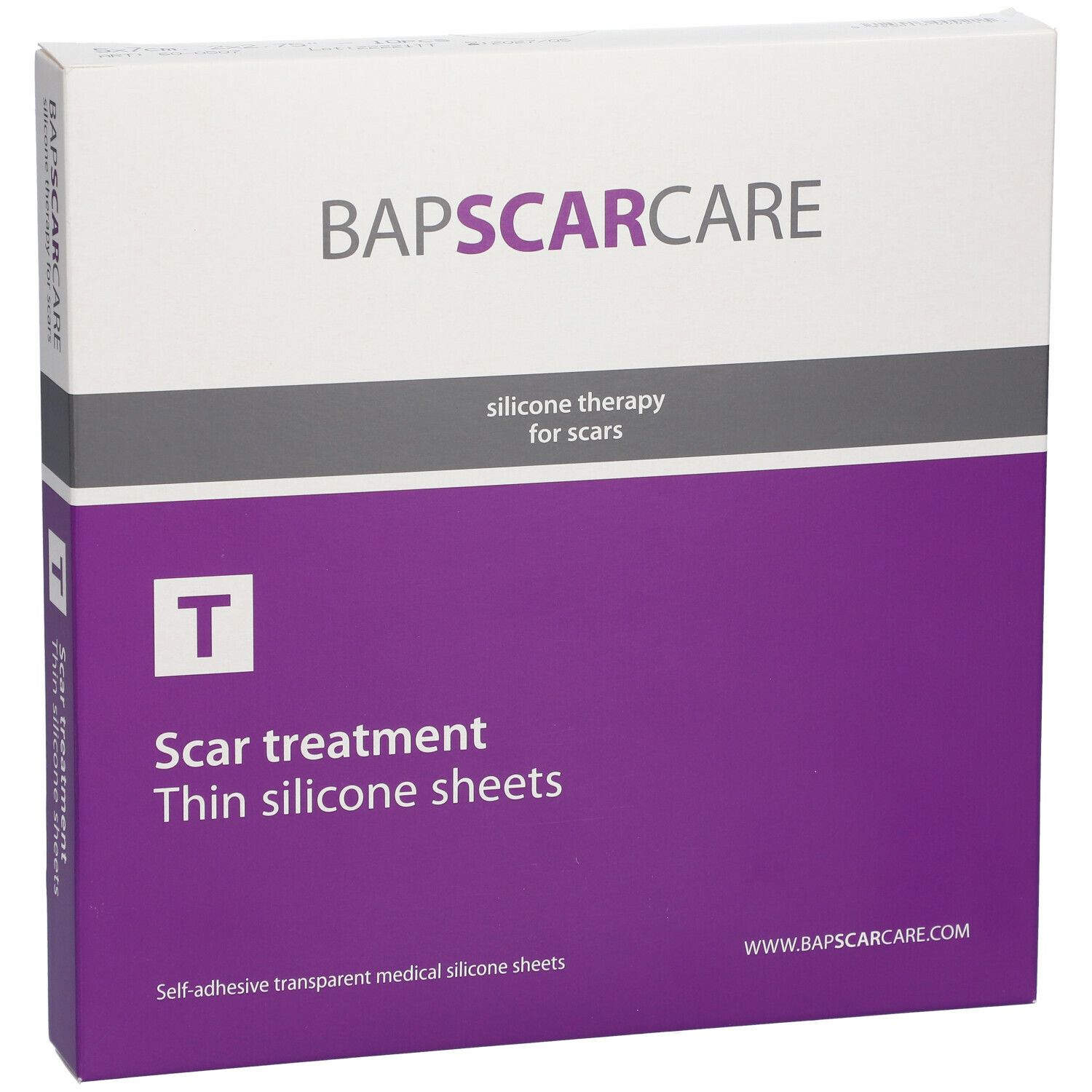Boîte BAPSCARCARE, traitement des cicatrices, fines feuilles de silicone. Blanc, violet et gris. Texte: silicone therapy for scars. Logo.