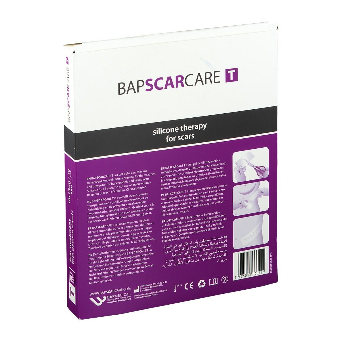 Dos de la boîte Bapscarcare T. Informations sur l'utilisation et les ingrédients. Illustrations.