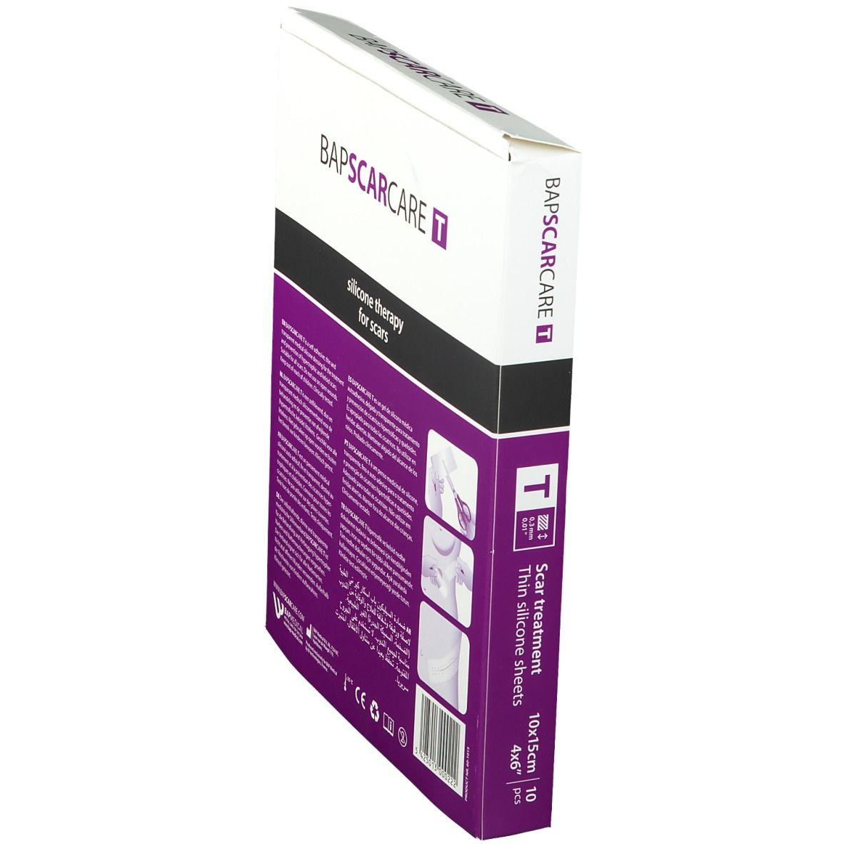 Boîte Bapscarcare T en biais. Dos avec informations et illustrations d'utilisation.