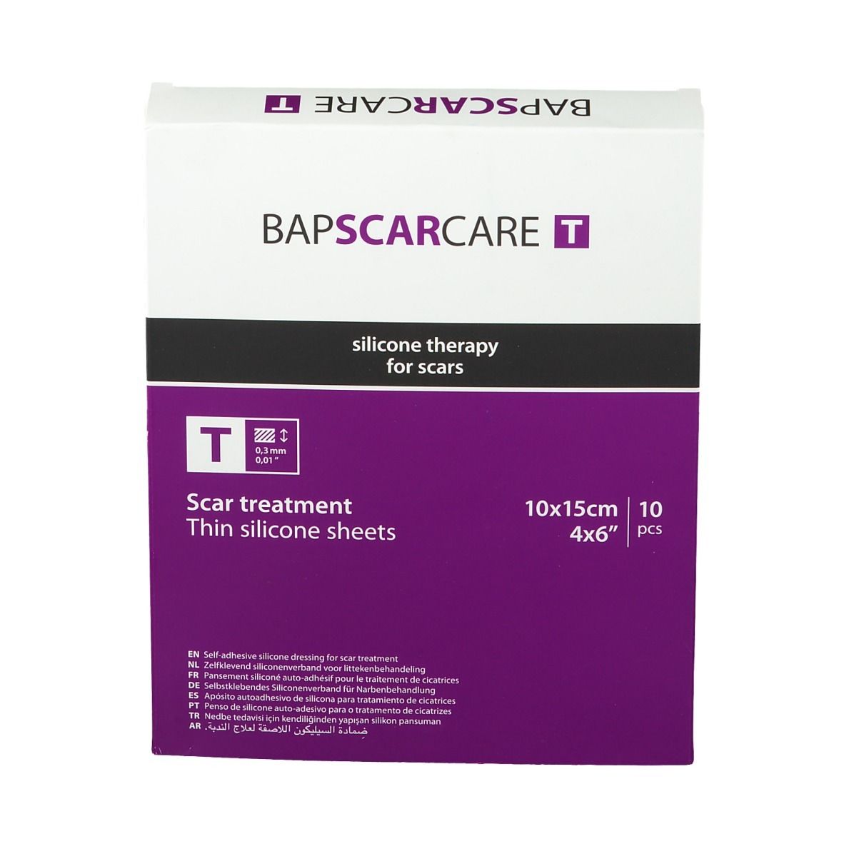 Boîte Bapscarcare T. Boîte violette et blanche avec informations produit. Traitement des cicatrices, 10x15cm, 10 pièces.