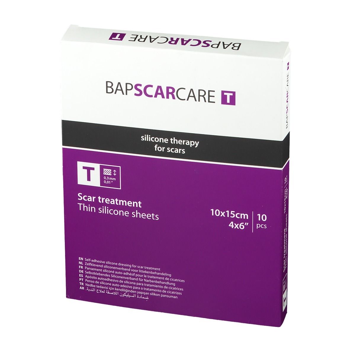Boîte Bapscarcare T. Boîte violette et blanche avec informations produit. Traitement des cicatrices, 10x15cm, 10 pièces.