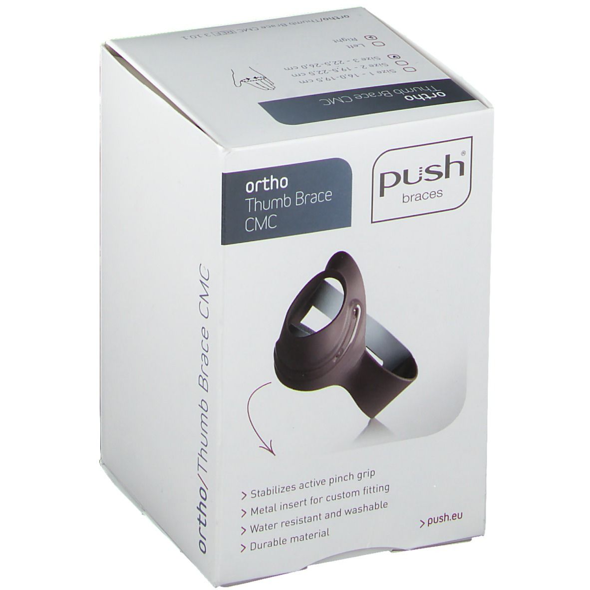 Boîte d'attelle pour le pouce. Image de l'attelle et logos "Push Braces" visibles. Texte en allemand, français, italien et néerlandais.