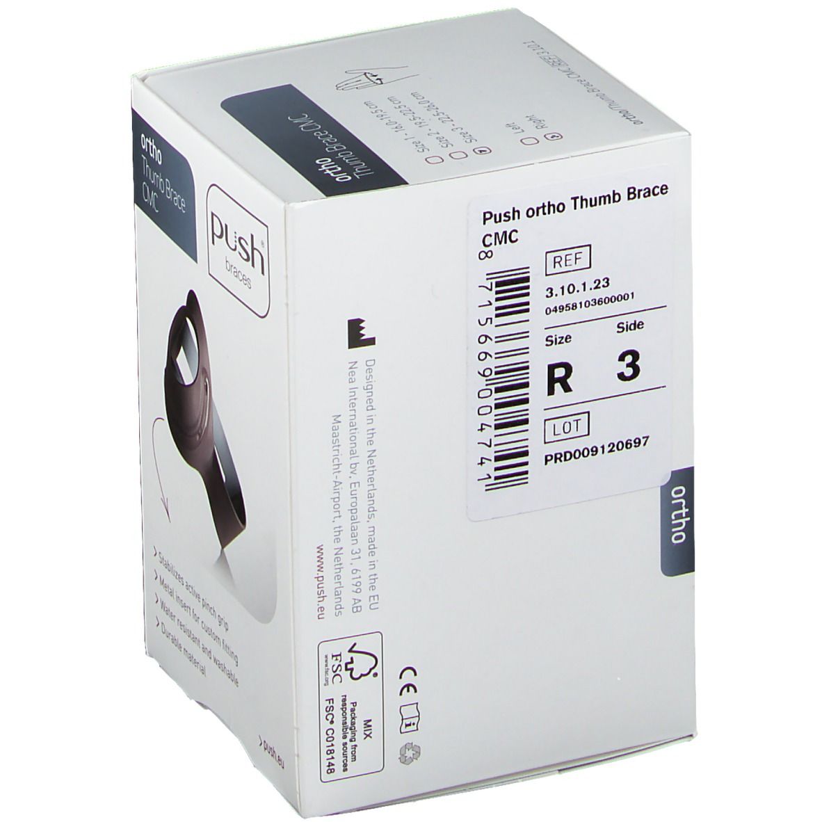 Boîte d'attelle pour le pouce. Informations sur le produit et logos "Push Braces" visibles. Texte en allemand, français, italien et néerlandais.