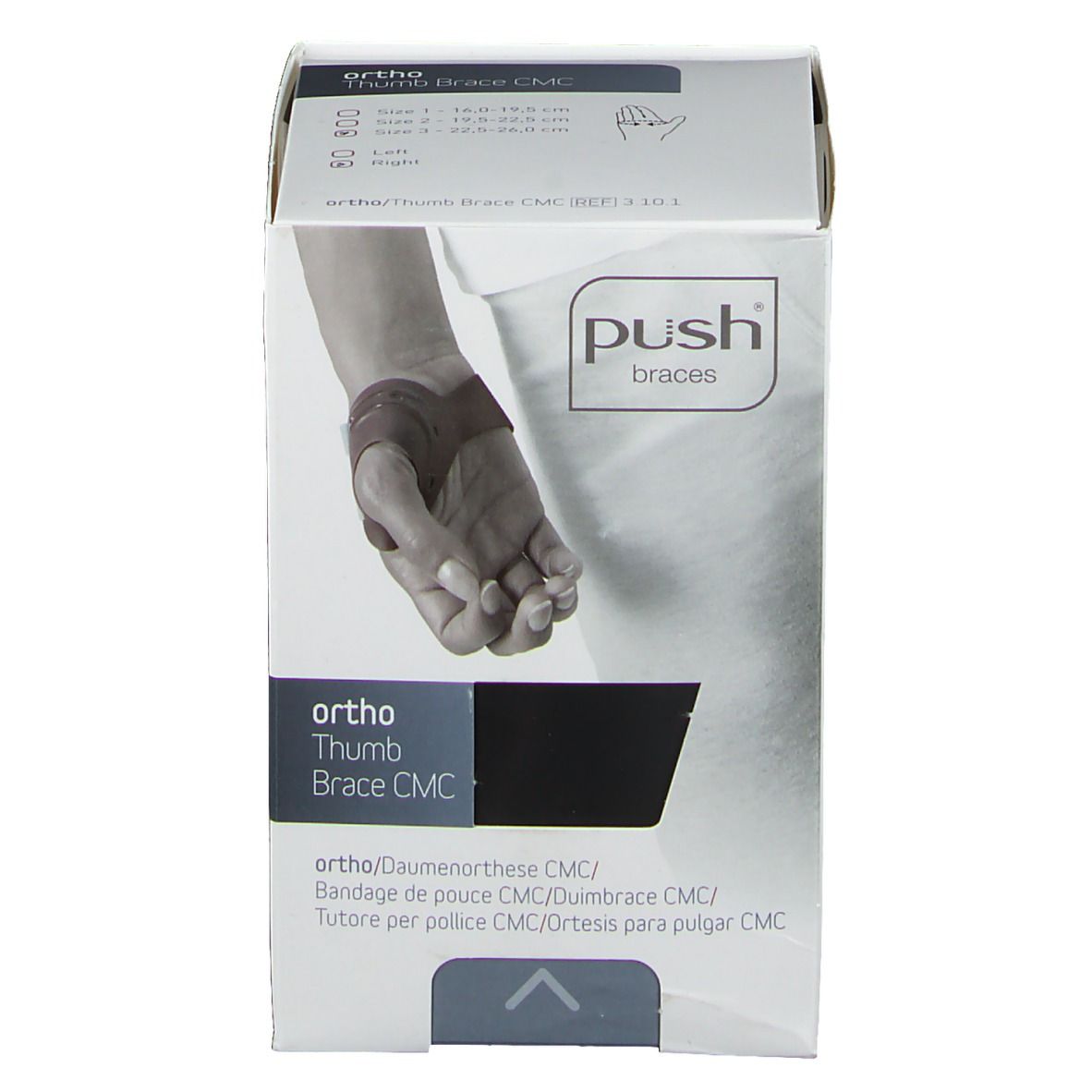 Boîte d'attelle pour le pouce. Images du produit et logos "Push Braces" visibles. Texte en allemand, français, italien et néerlandais.