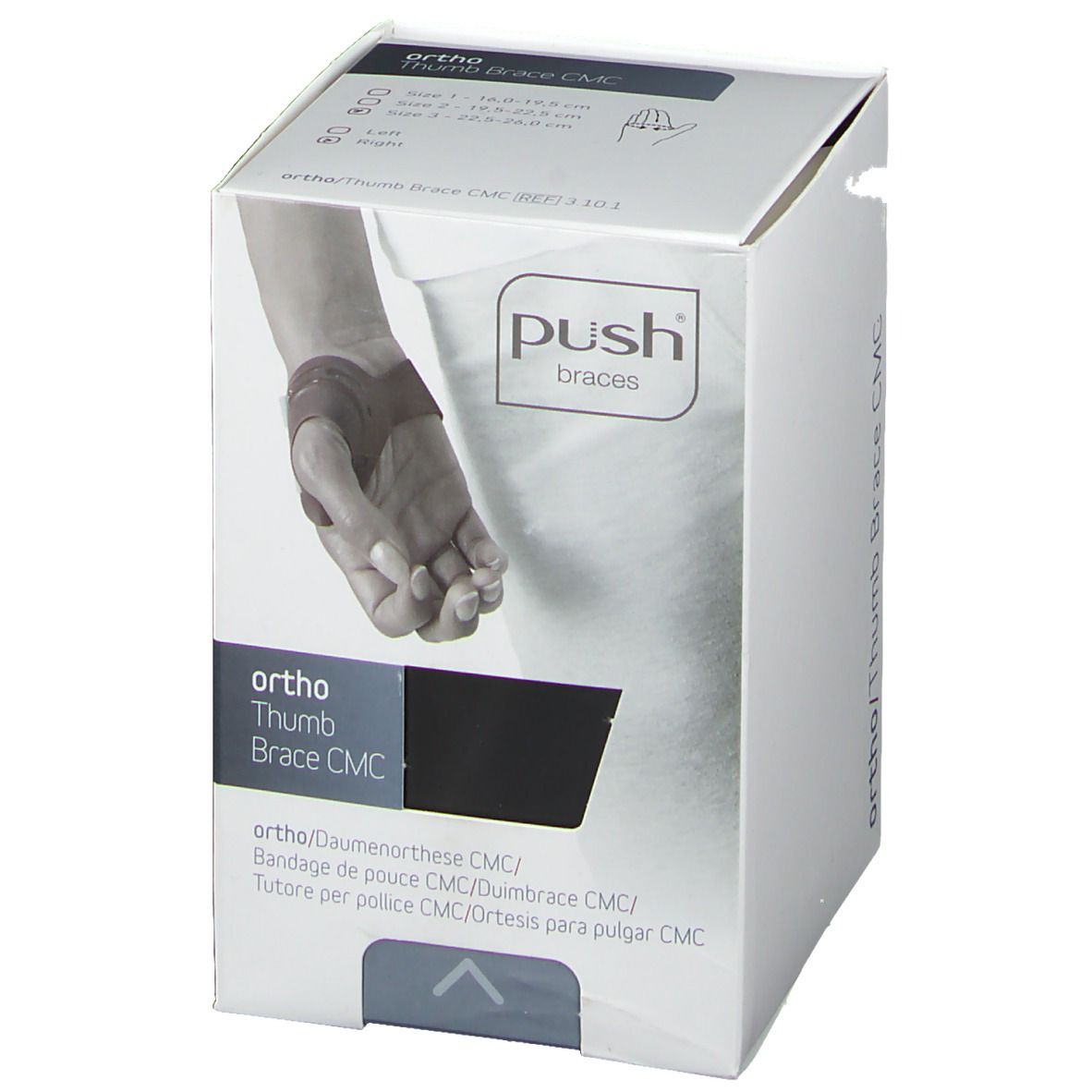 Boîte d'attelle pour le pouce. Images du produit et logos "Push Braces" visibles. Texte en allemand, français, italien et néerlandais.