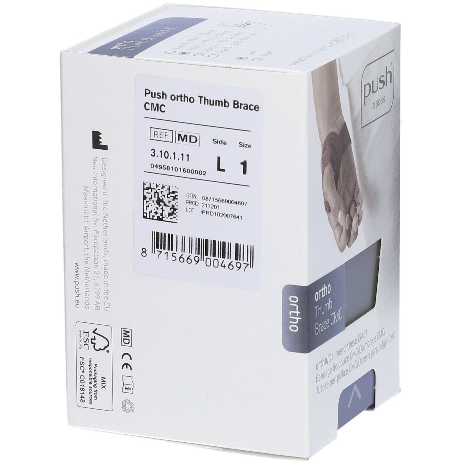 Emballage de l'orthèse de pouce Push Ortho CMC. Arrière avec informations, code-barres et taille L1. Texte: Push ortho Thumb Brace CMC.