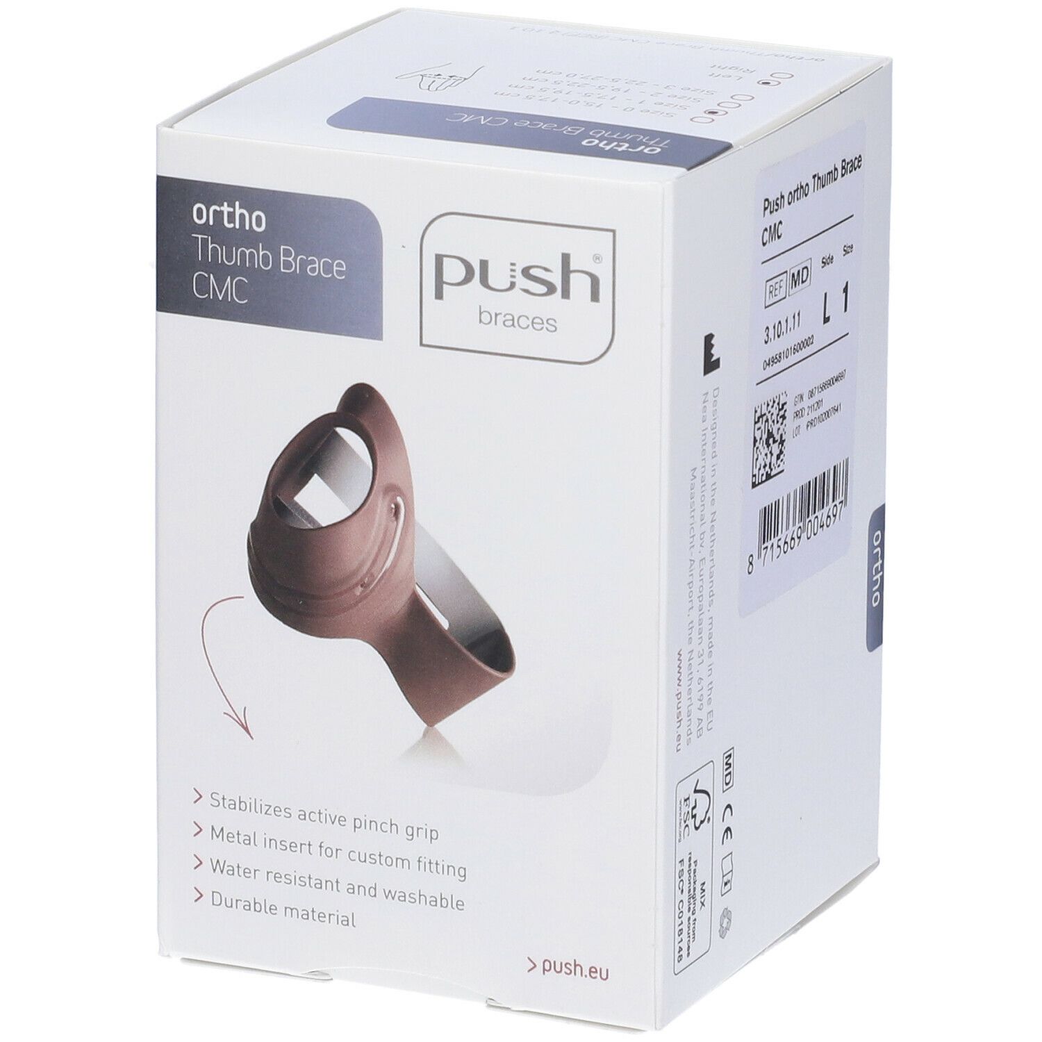 Emballage de l'orthèse de pouce Push Ortho CMC. Image du produit. Texte: Ortho Thumb Brace CMC. Caractéristiques: prise active, métal, étanche.