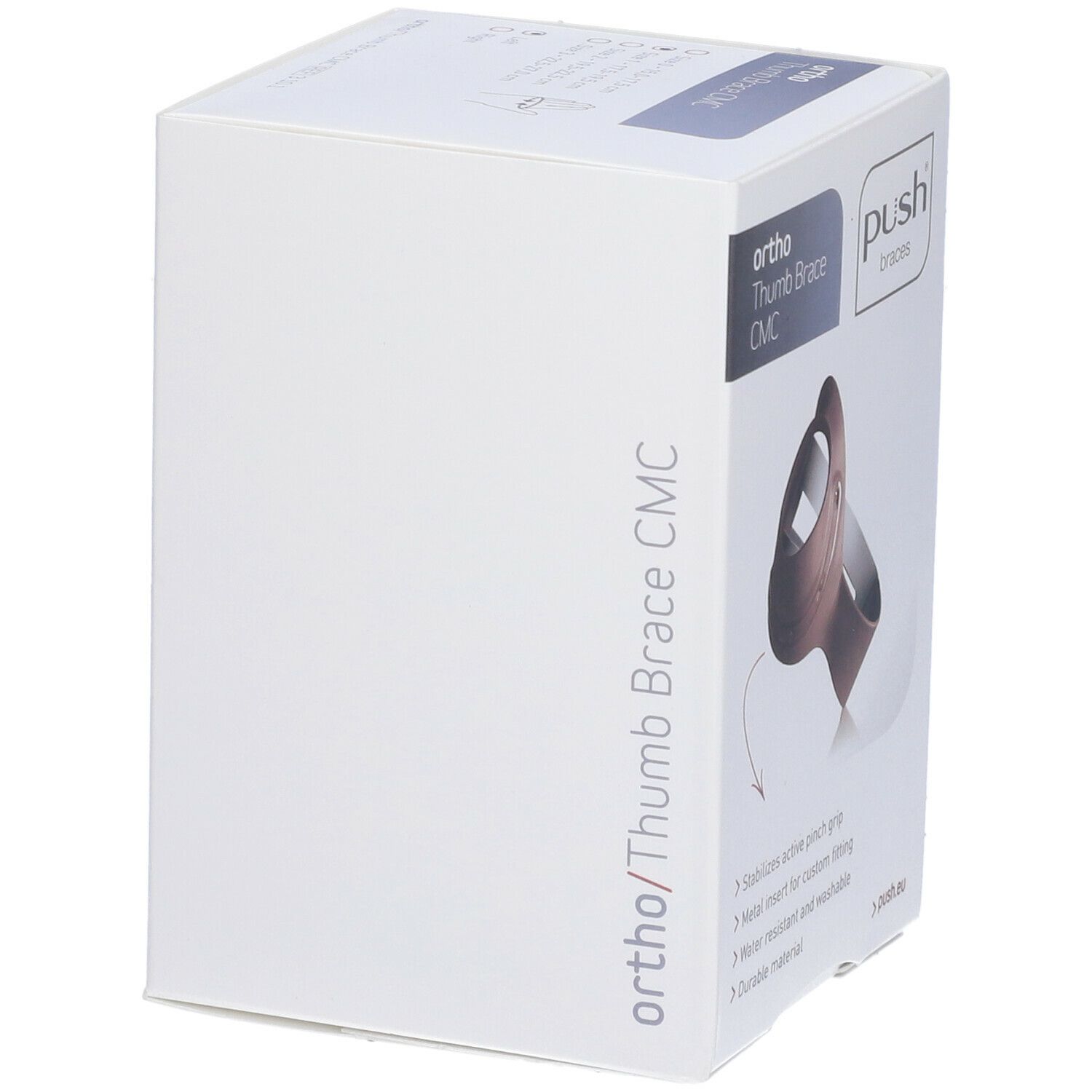 Vue latérale de l'emballage de l'orthèse de pouce Push Ortho CMC. Texte: Ortho/Thumb Brace CMC. Caractéristiques: prise active, métal, étanche.