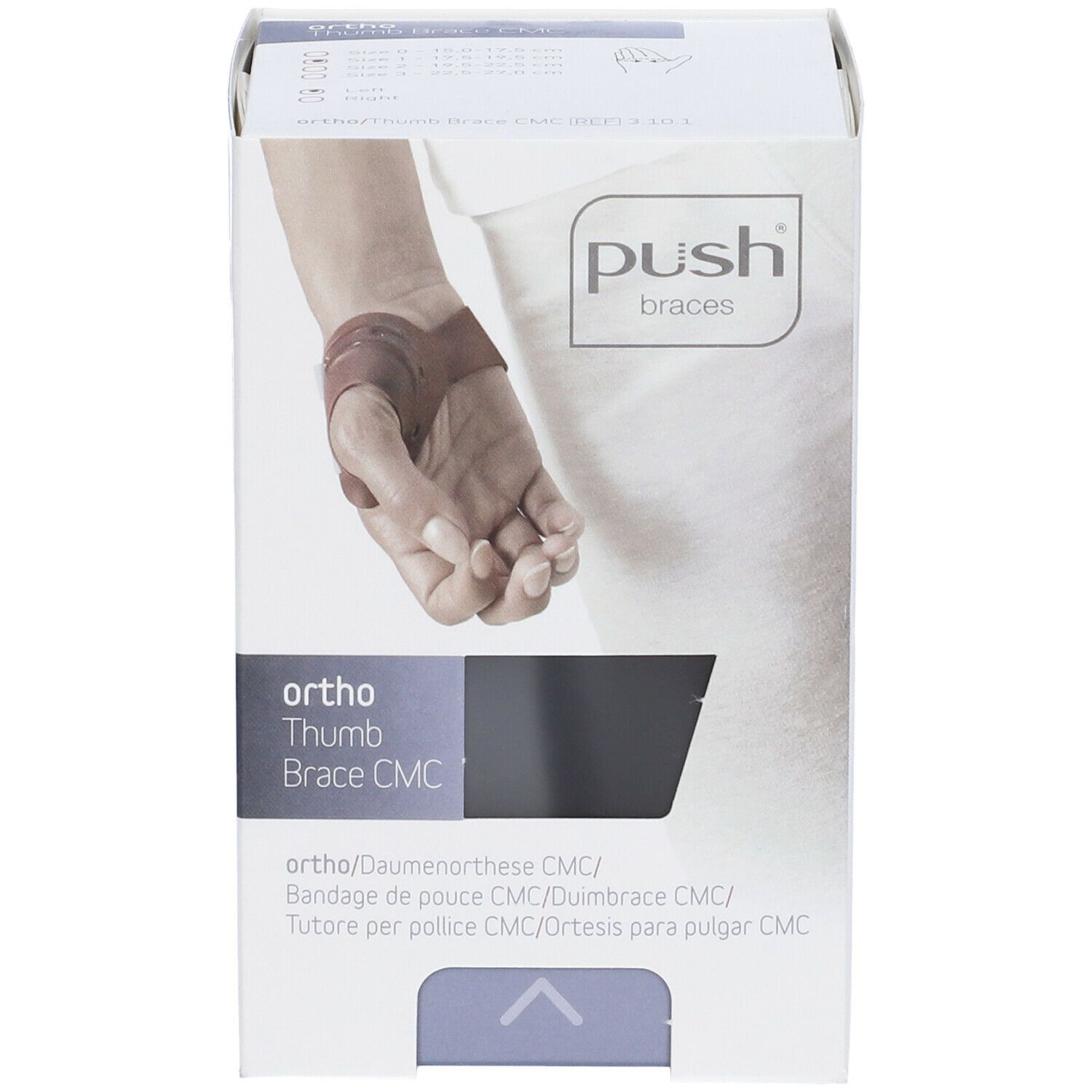 Emballage de l'orthèse de pouce Push Ortho CMC. Illustration de l'orthèse sur un poignet. Texte: Ortho Thumb Brace CMC.