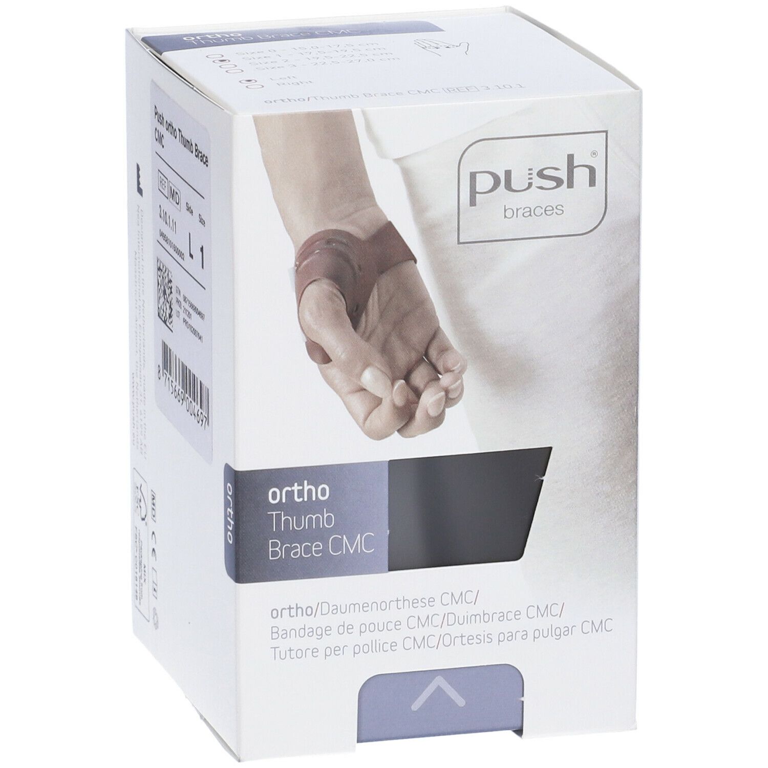 Emballage de l'orthèse de pouce Push Ortho CMC. Arrière avec informations, code-barres et taille L1. Texte: Push ortho Thumb Brace CMC.