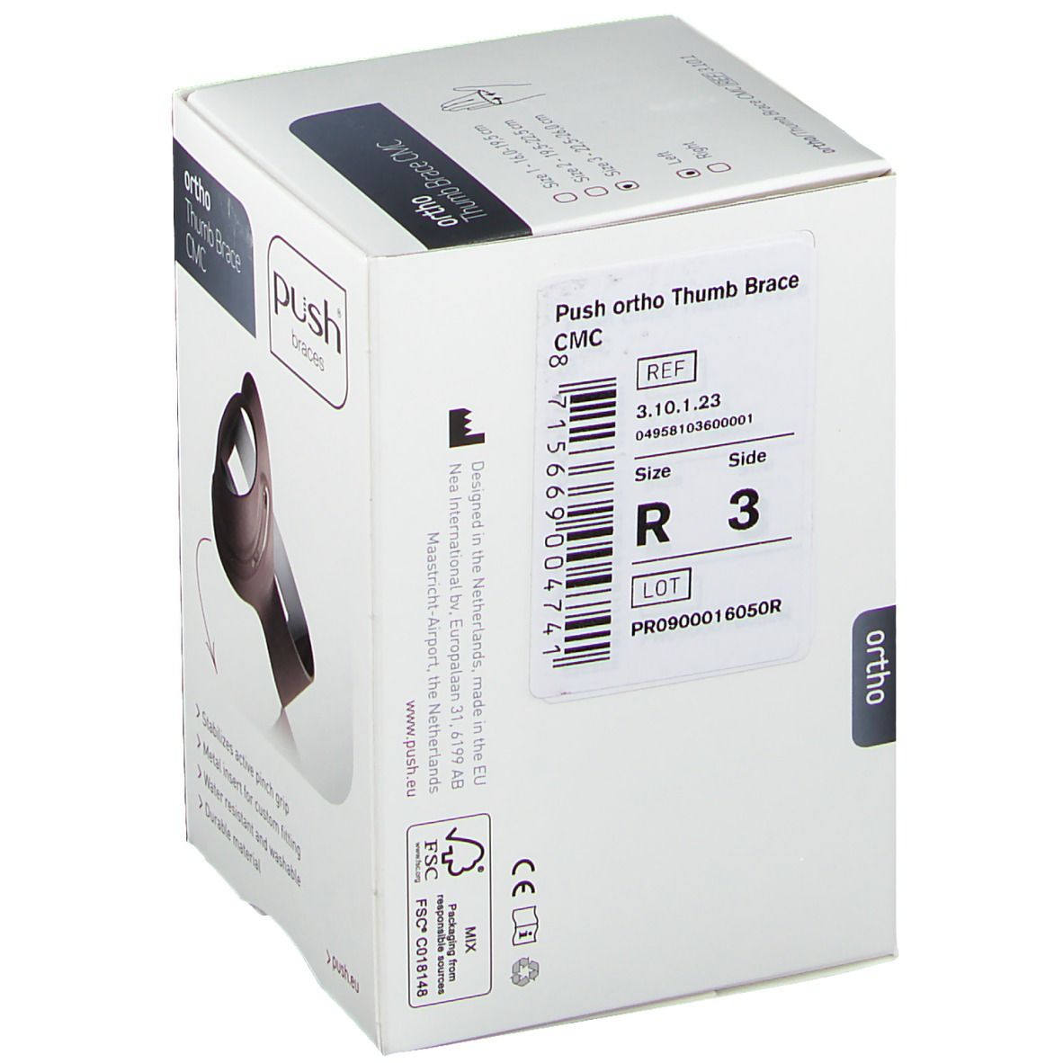Verpackung der Push Ortho Daumenbandage CMC. Aufdruck: Ortho, Push Braces, CMC, Größe 3, Seite R. Produktinformationen und Barcode.