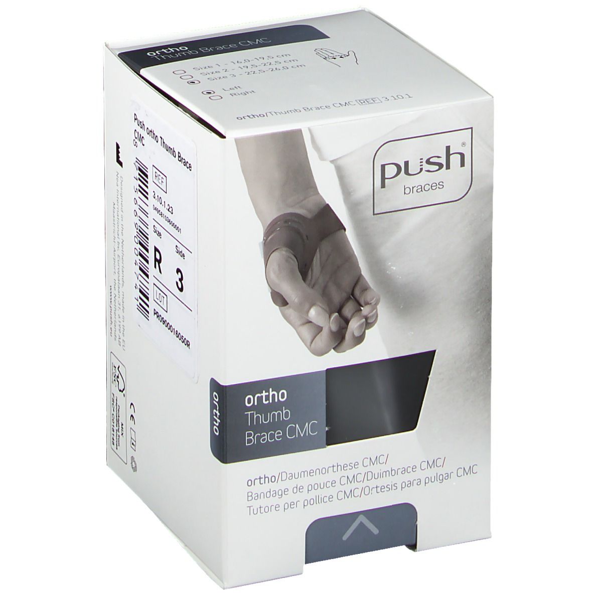 Verpackung der Push Ortho Daumenbandage CMC. Aufdruck: Ortho, Push Braces, Daumenbandage CMC. Abbildung einer Hand mit Bandage.