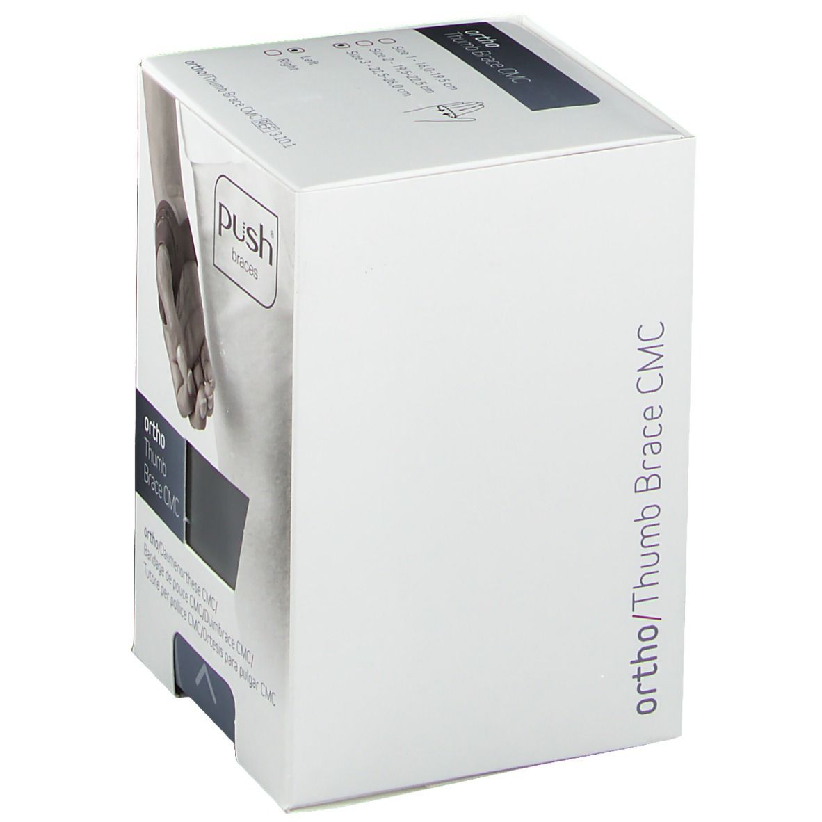 Verpackung der Push Ortho Daumenbandage CMC. Aufdruck: Ortho, Push Braces, Daumenbandage CMC. Abbildung einer Hand mit Bandage.