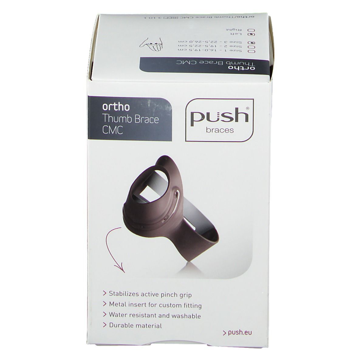 Verpackung der Push Ortho Daumenbandage CMC. Aufdruck: Ortho, Push Braces, Daumenbandage, CMC. Abbildung der Bandage.