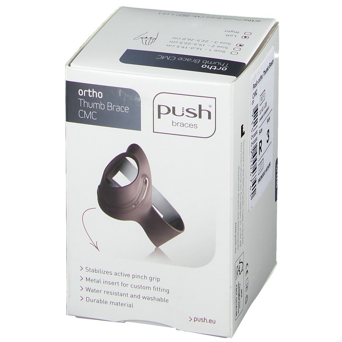 Verpackung der Push Ortho Daumenbandage CMC. Aufdruck: Ortho, Push Braces, Daumenbandage, CMC. Abbildung der Bandage.