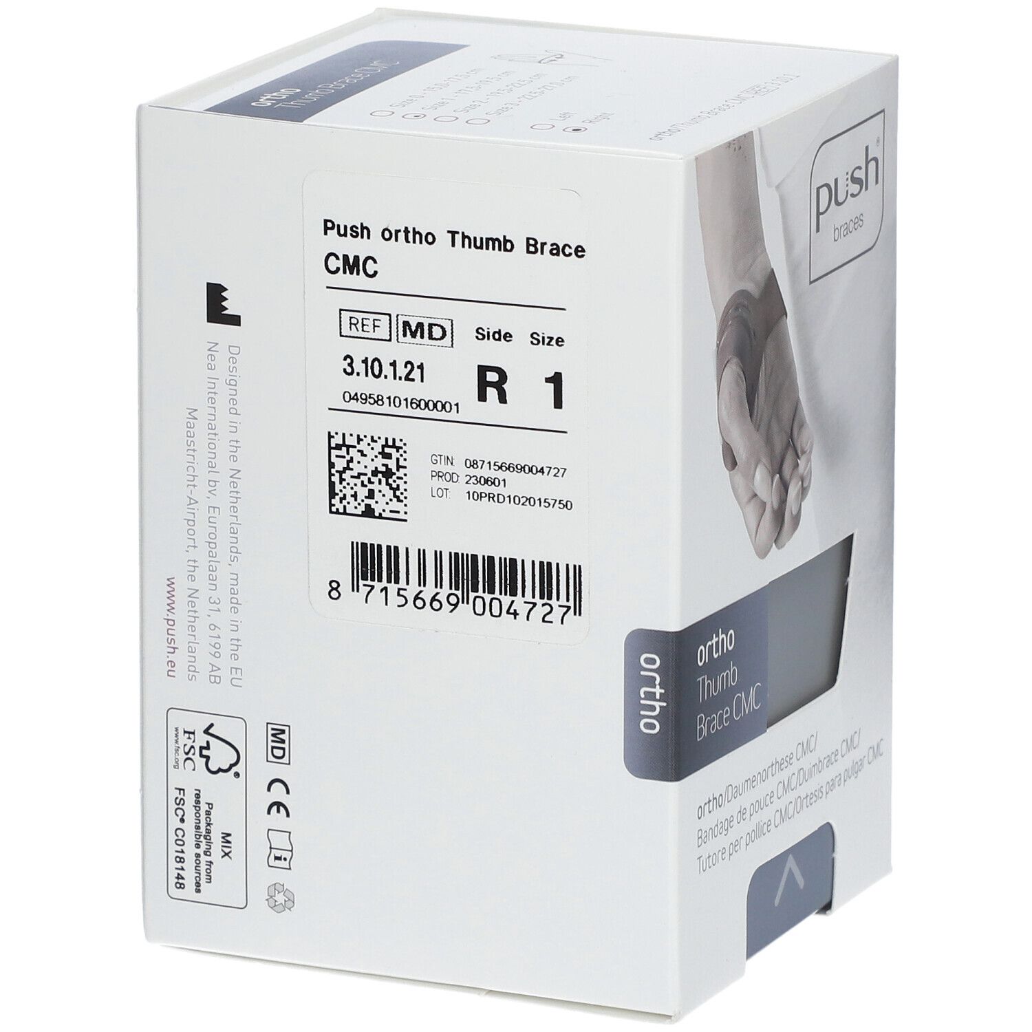 Rückseite der Verpackung der push® braces ORTHO Daumenorthese CMC rechts Gr.1. Produktinformationen und Logo.