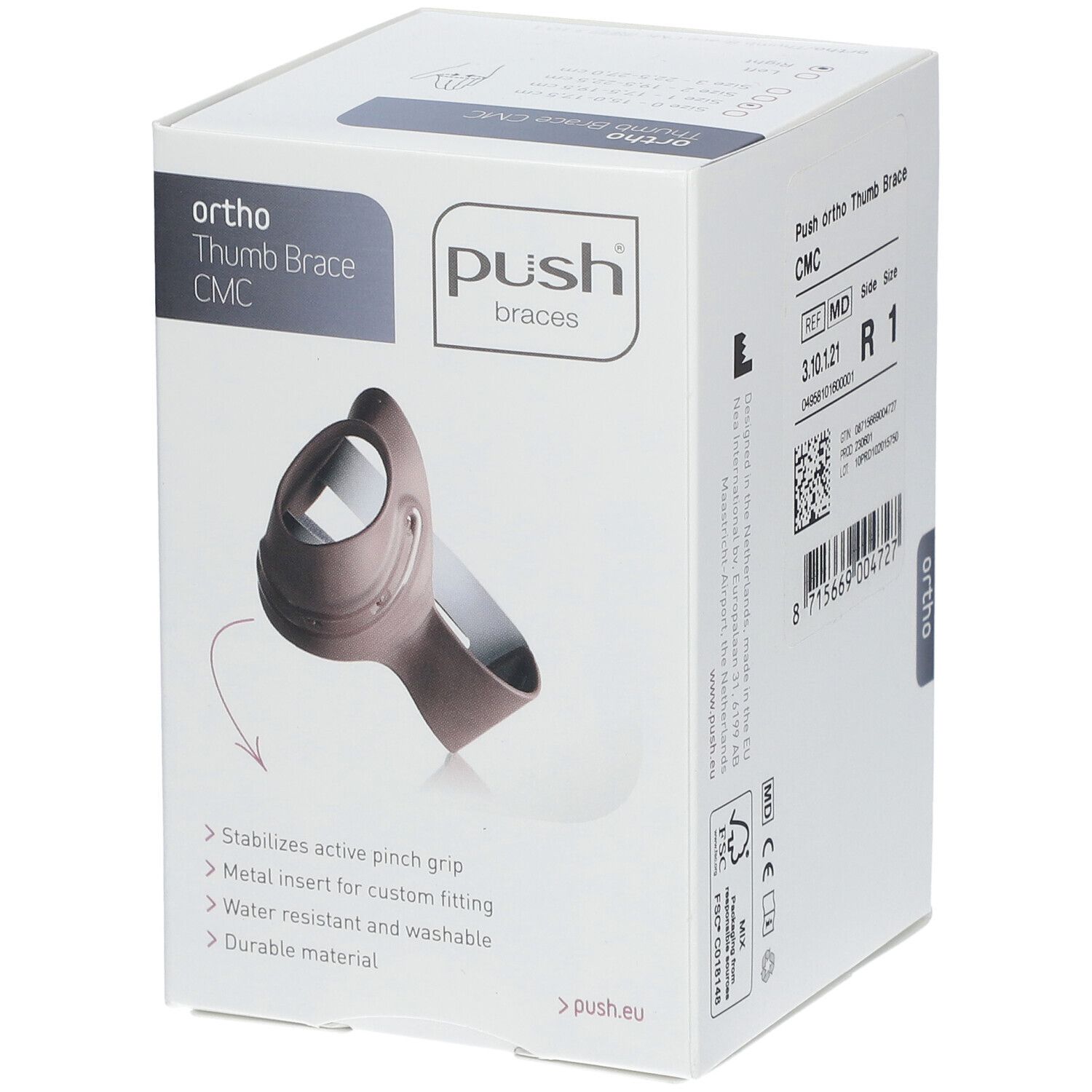 Verpackung der push® braces ORTHO Daumenorthese CMC rechts Gr.1. Weißer Karton mit Produktabbildung und Logo.