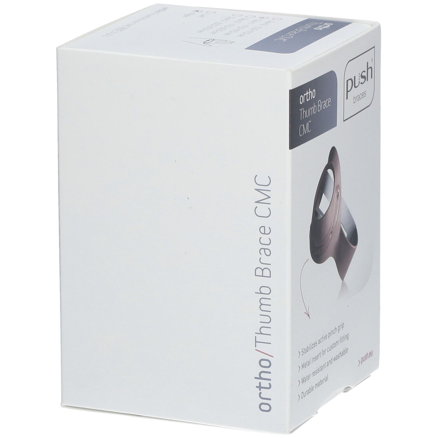 Verpackung der push® braces ORTHO Daumenorthese CMC rechts Gr.1. Weißer Karton mit Produktabbildung und Logo.