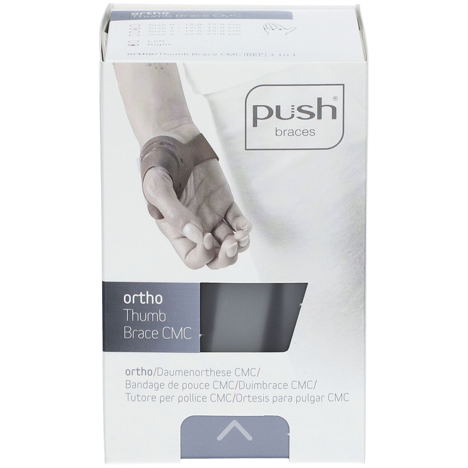 Verpackung der push® braces ORTHO Daumenorthese CMC rechts Gr.1. Weißer Karton mit Produktabbildung und Logo.