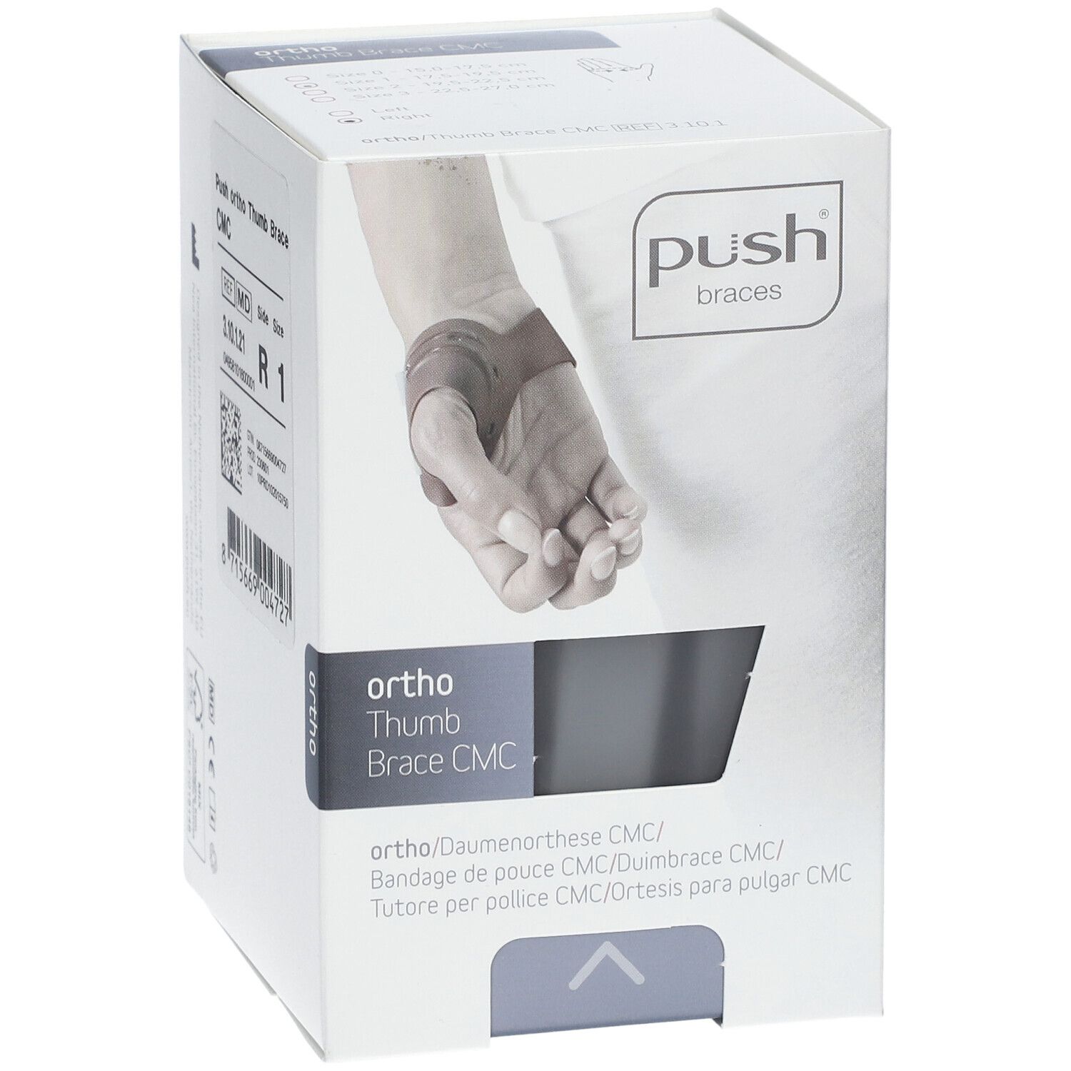 Verpackung der push® braces ORTHO Daumenorthese CMC rechts Gr.1. Weißer Karton mit Produktabbildung und Logo.